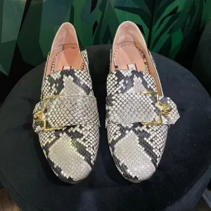 Bally Switzerland Black and White SnakeFoldable Back Loafers with Gold Buckle