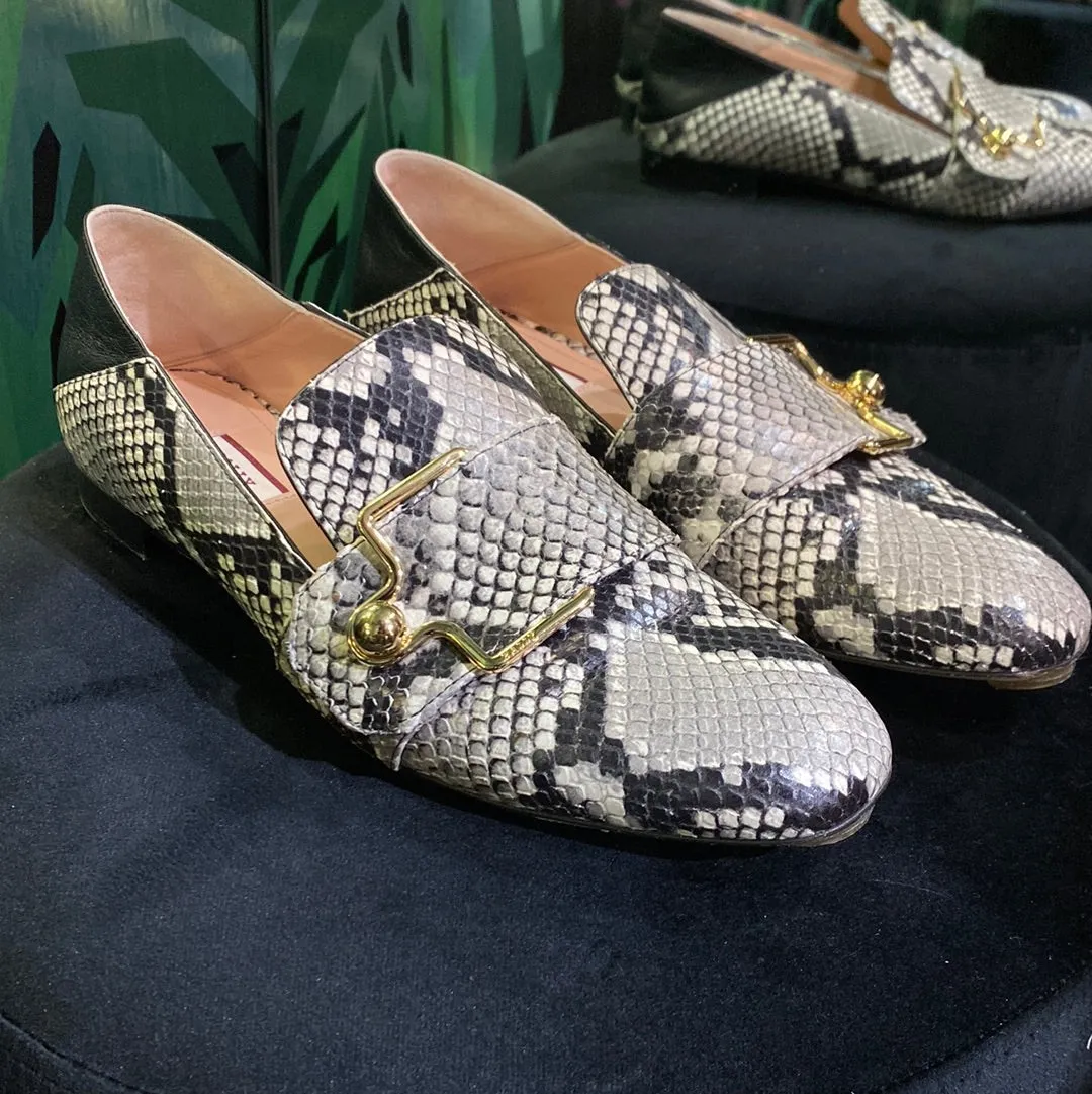 Bally Switzerland Black and White SnakeFoldable Back Loafers with Gold Buckle