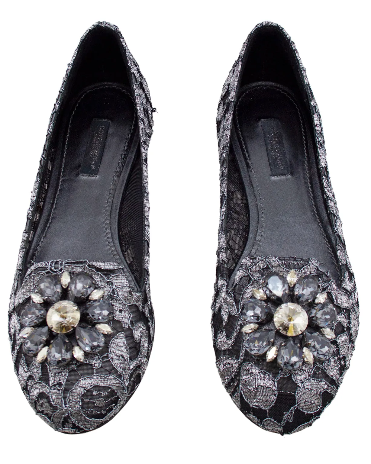 Black and Silver Vally Embellished Lace Ballet Flats