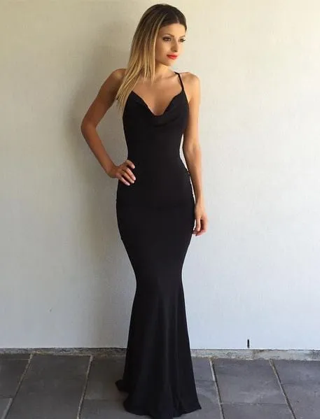 Black Bodycon Spaghetti Straps Long V Neck Evening Dresses Prom