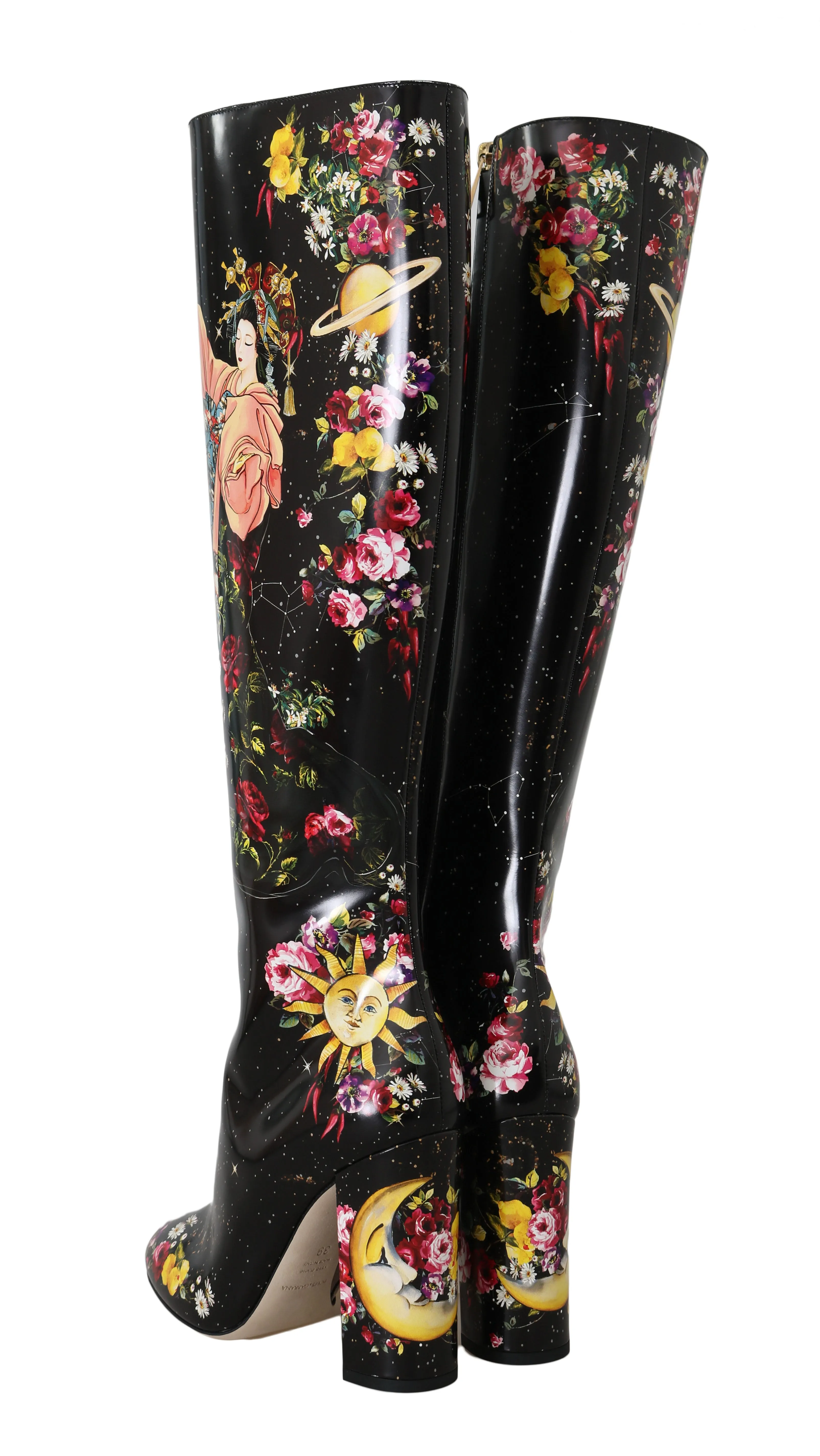 Black Leather Floral Knee High Boots