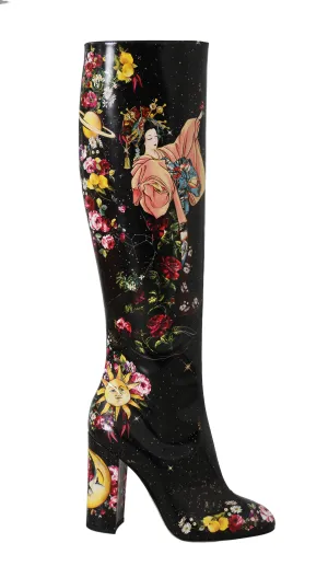 Black Leather Floral Knee High Boots