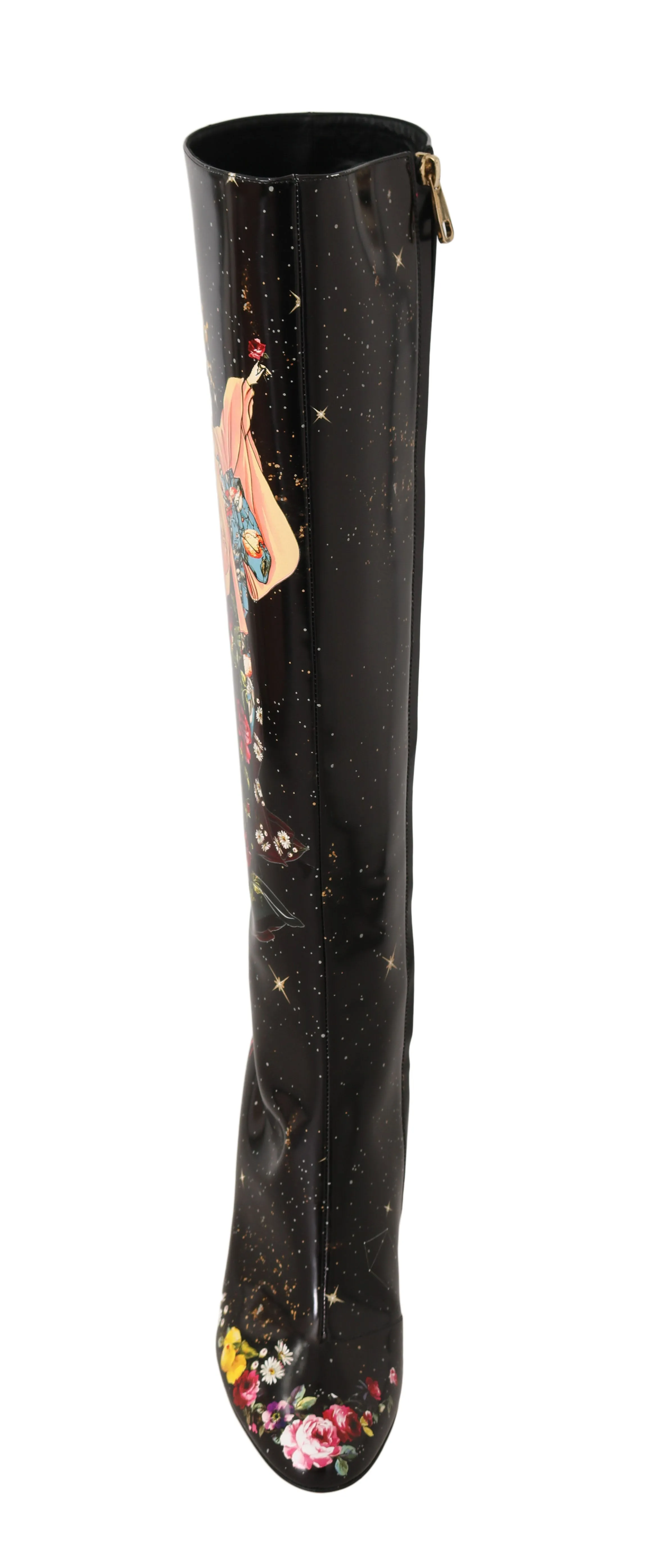 Black Leather Floral Knee High Boots