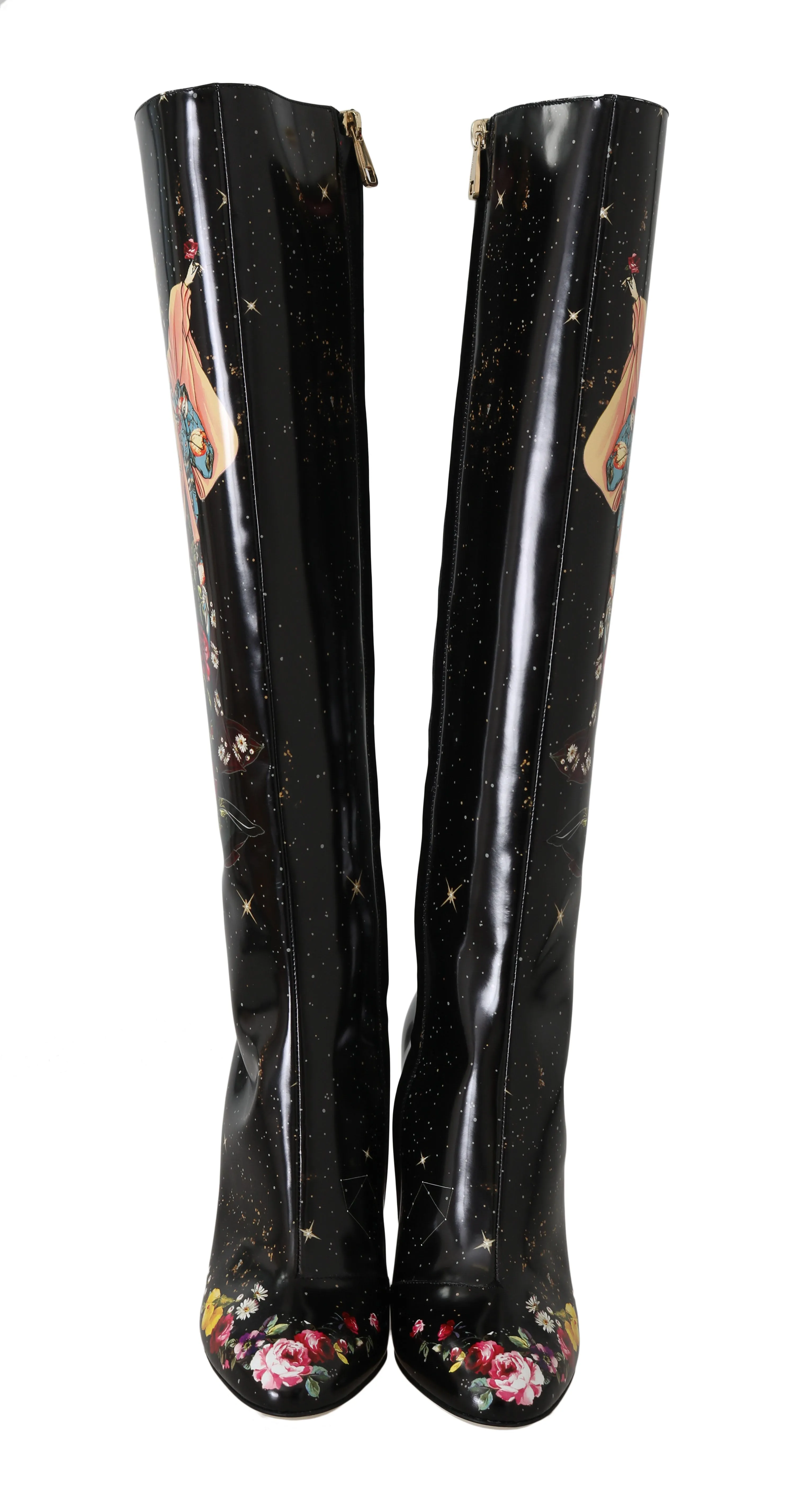 Black Leather Floral Knee High Boots