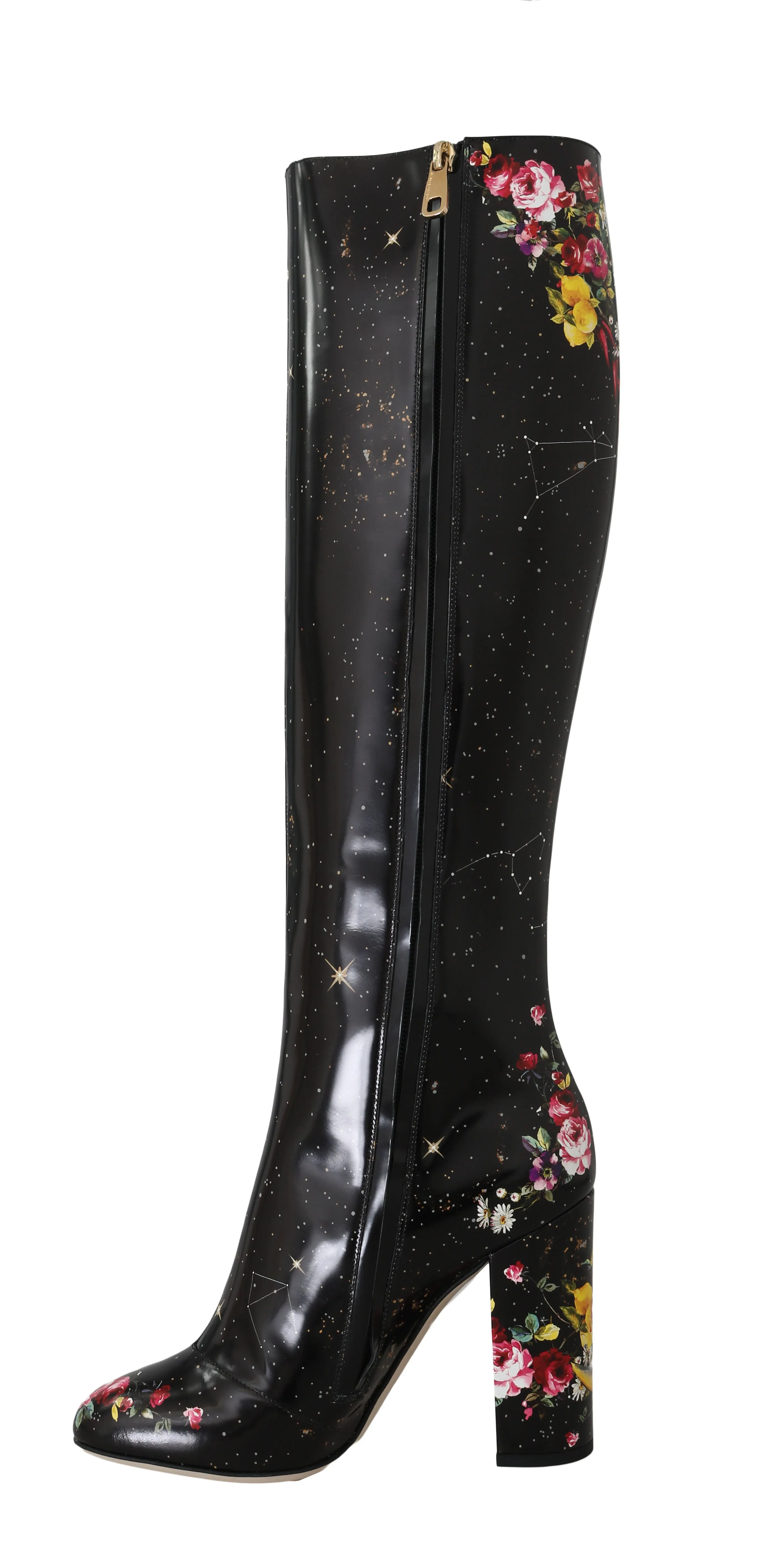 Black Leather Floral Knee High Boots