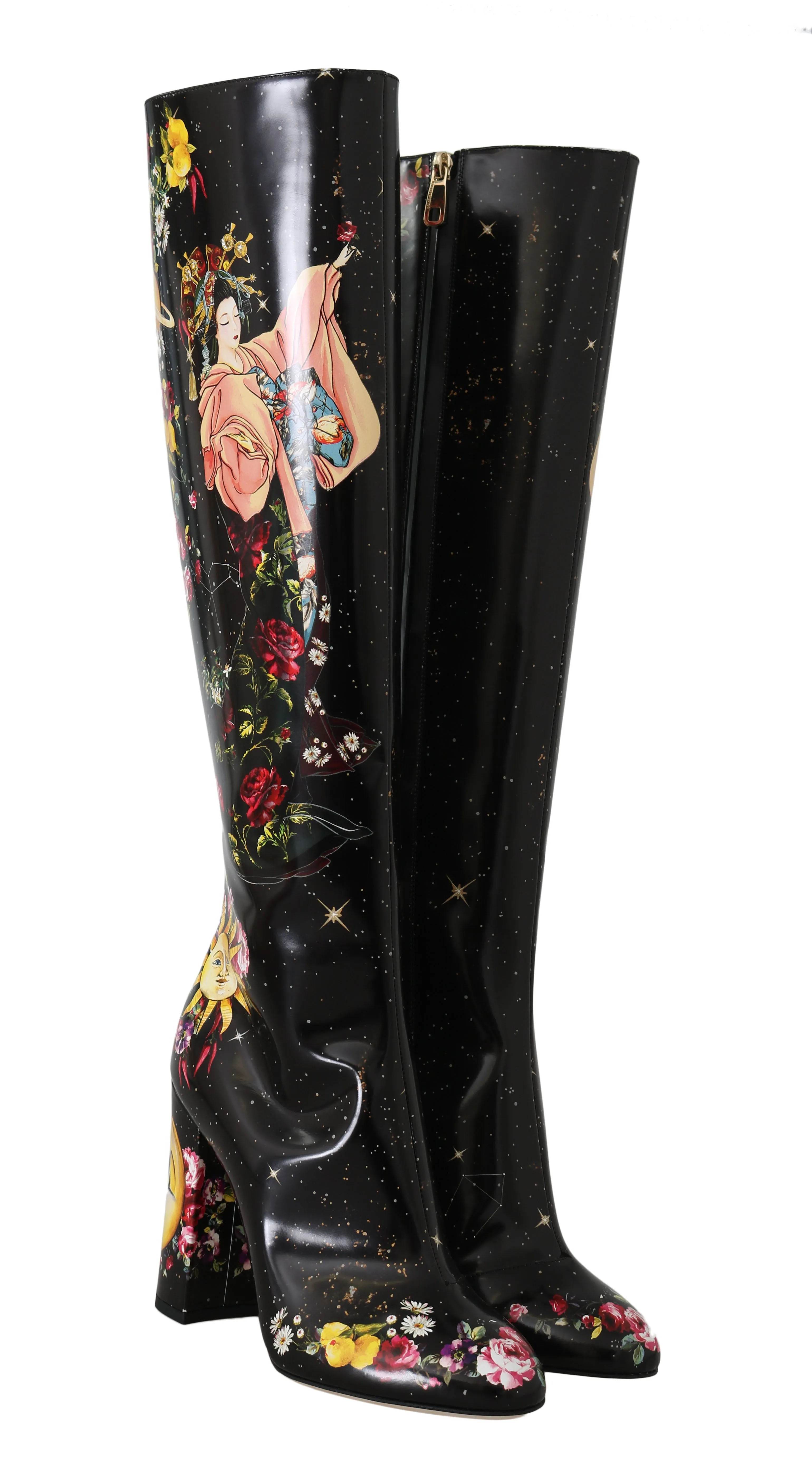 Black Leather Floral Knee High Boots