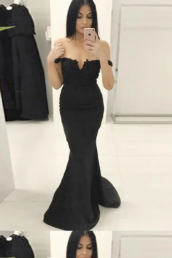 Black Off The Shoulder Bodycon Prom Dresses Mermaid Long Evening Dresses