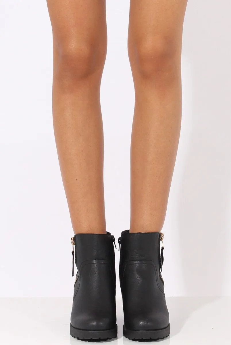 Black PU Cleated Sole Zip Detail Ankle Boots - Stacey
