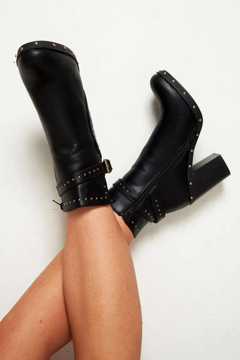 Black PU Stud Heeled Ankle Boot - Rahel