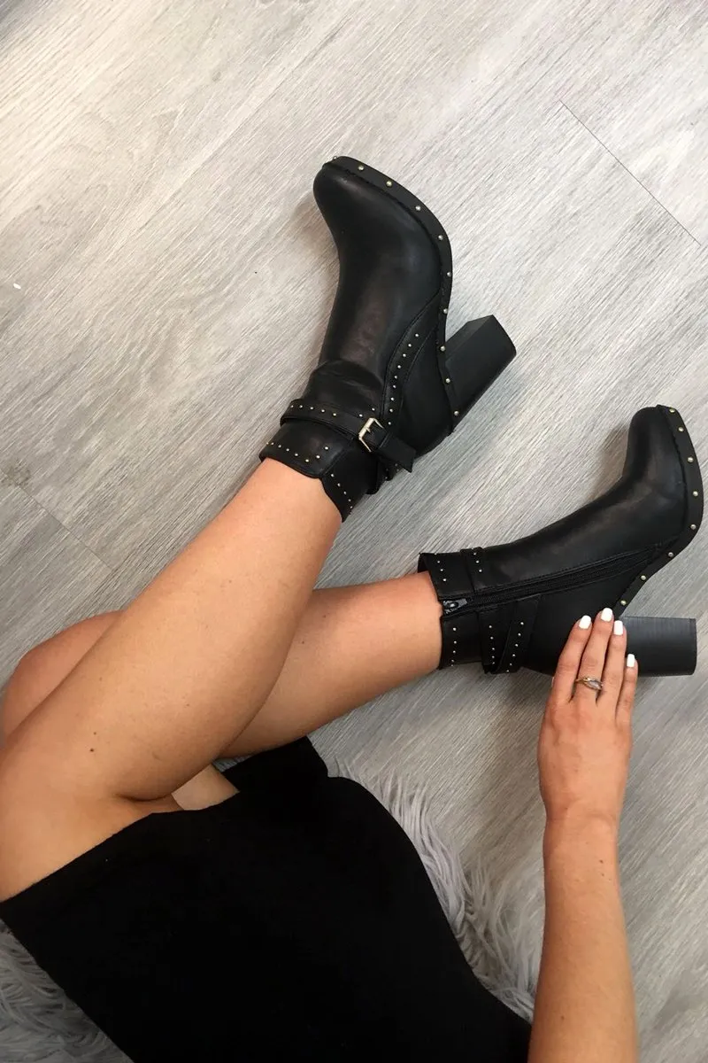 Black PU Stud Heeled Ankle Boot - Rahel