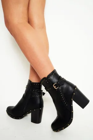 Black PU Stud Heeled Ankle Boot - Rahel