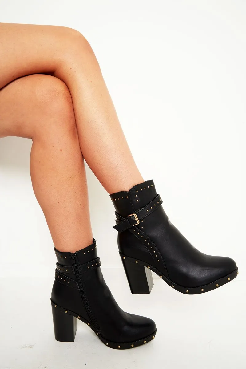 Black PU Stud Heeled Ankle Boot - Rahel