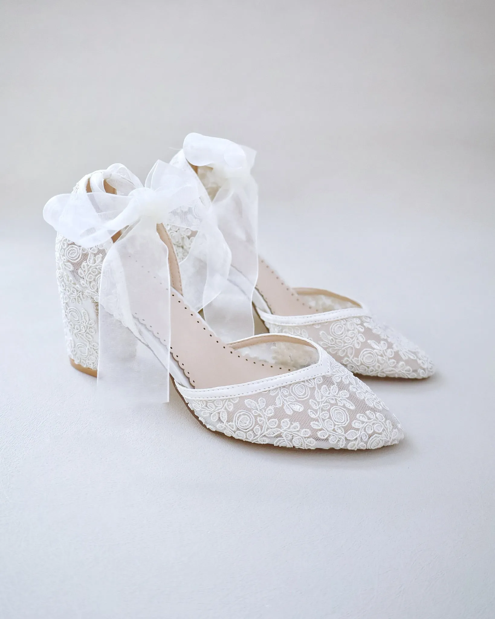 Block Heel Lace Ankle Wrap Bridal Shoes