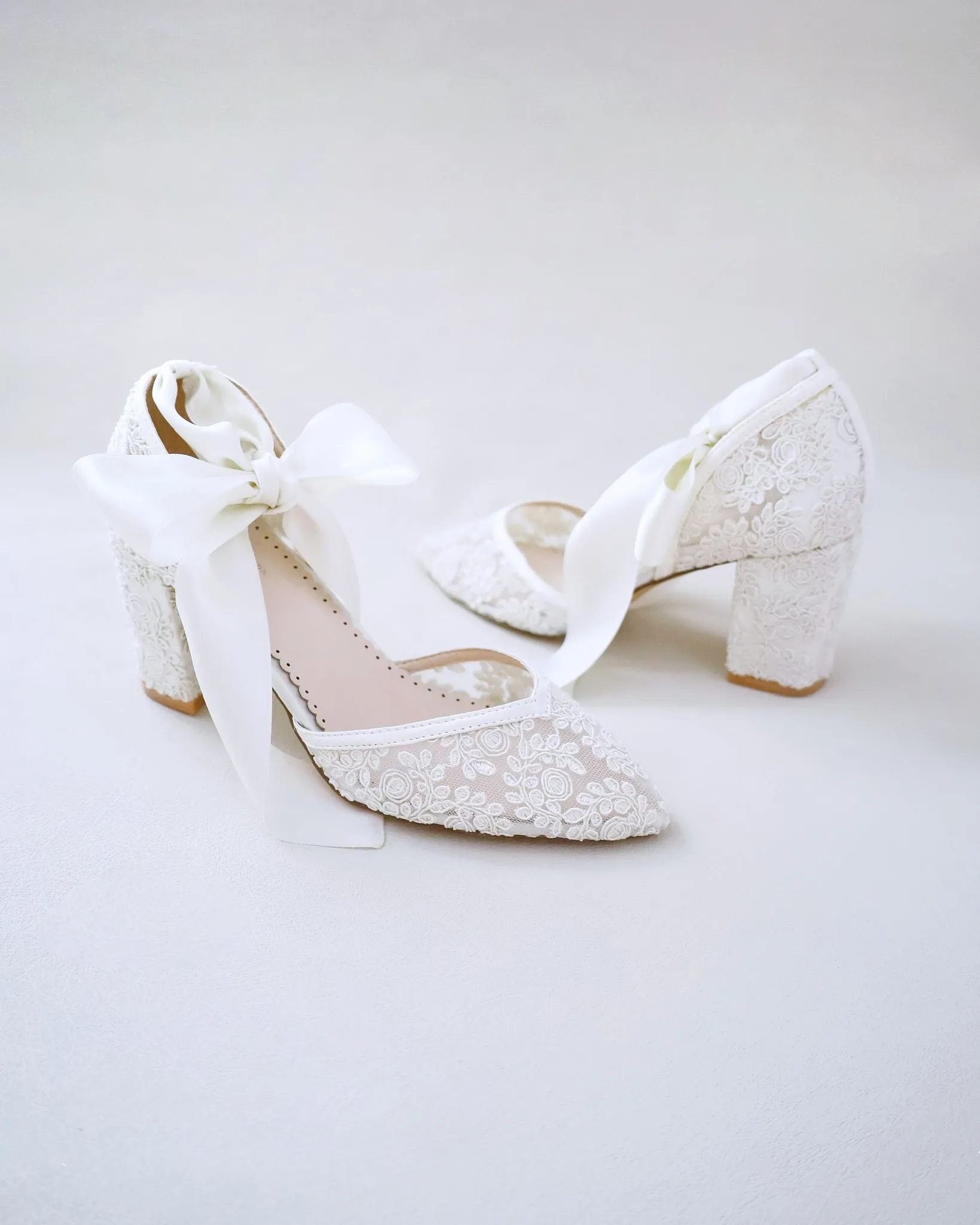 Block Heel Lace Ankle Wrap Bridal Shoes
