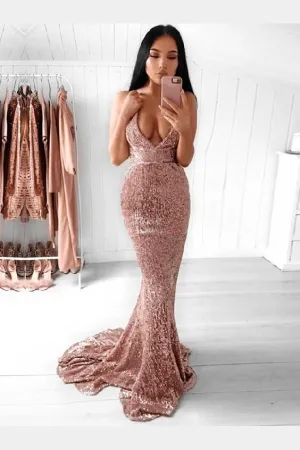 Blush Sheath Mermaid Deep V Neck Long Prom Dresses Glitter Prom Dresses