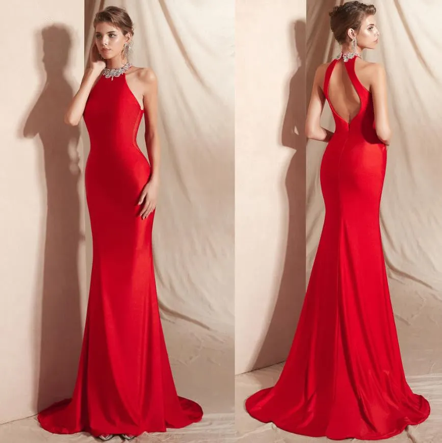 Bodycon Backless Halter Prom Dresses Sleeveless Evening Dress with Beads