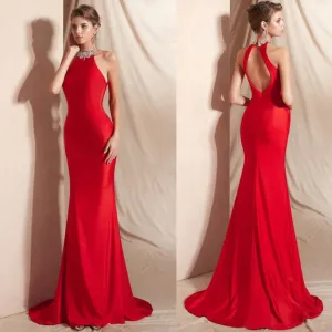Bodycon Backless Halter Prom Dresses Sleeveless Evening Dress with Beads