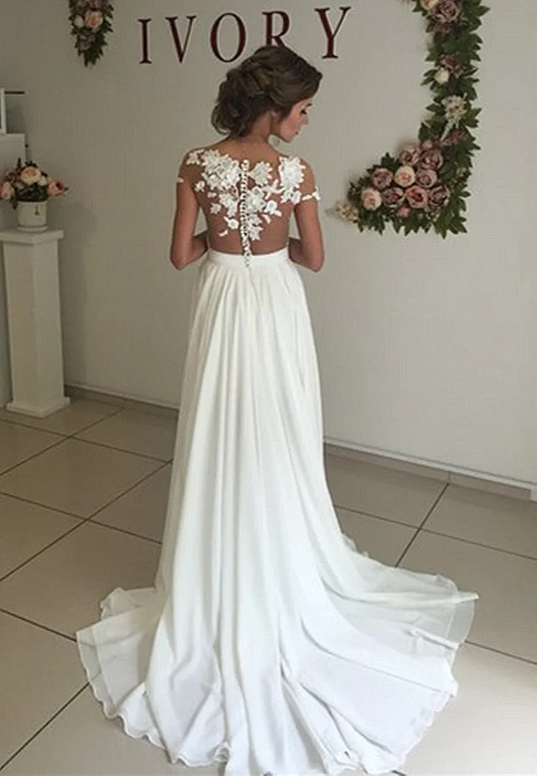 Boho Wedding Dresses with Side Slit,Lace Appliques Bridal Dress