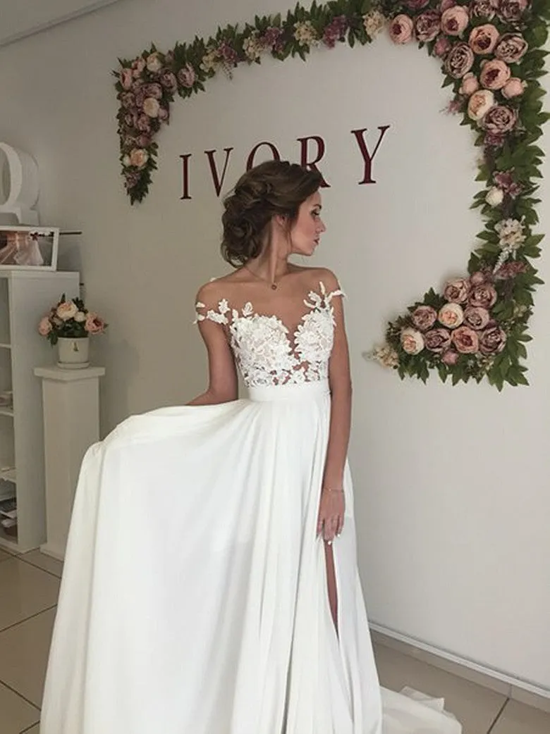 Boho Wedding Dresses with Side Slit,Lace Appliques Bridal Dress