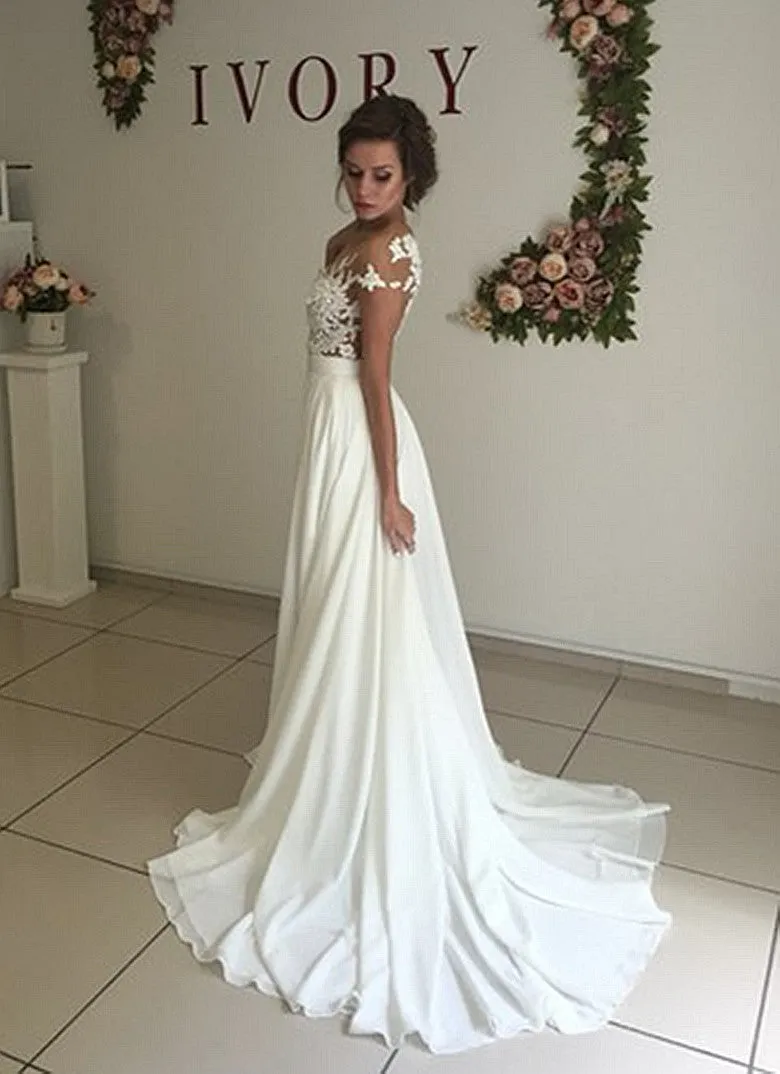 Boho Wedding Dresses with Side Slit,Lace Appliques Bridal Dress