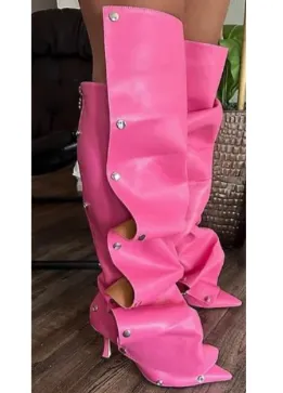 BUMBLE-01 Fuchsia Pink Faux Leather Knee High Slouch Boots with Draped Front Panel