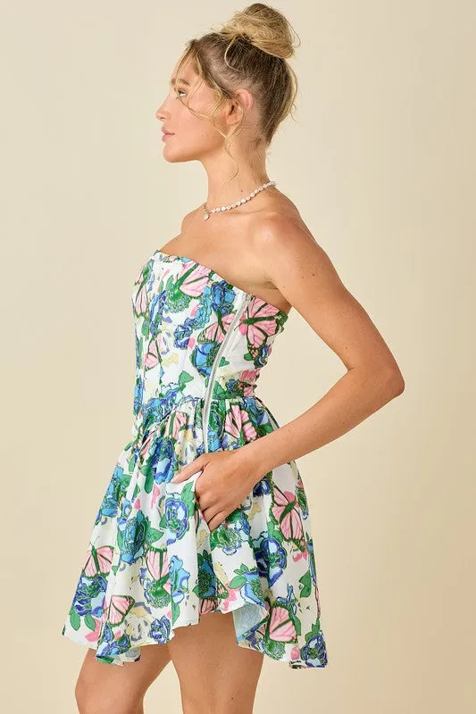 Butterfly And Floral Printed Bone In Corset Dress