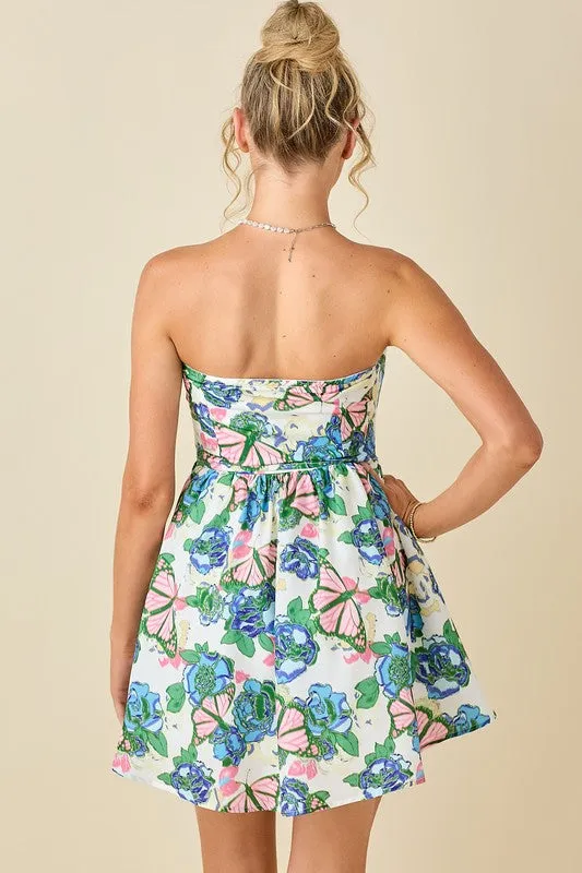Butterfly And Floral Printed Bone In Corset Dress
