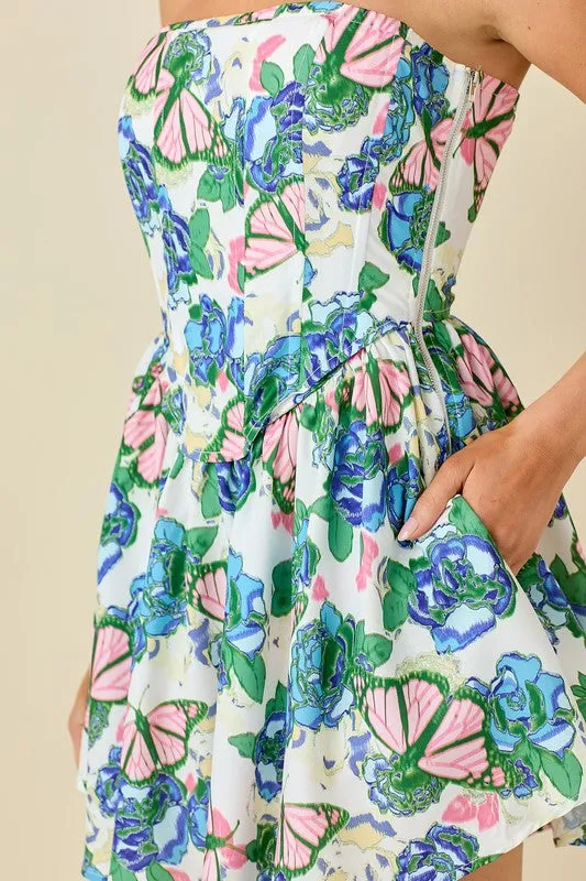 Butterfly And Floral Printed Bone In Corset Dress