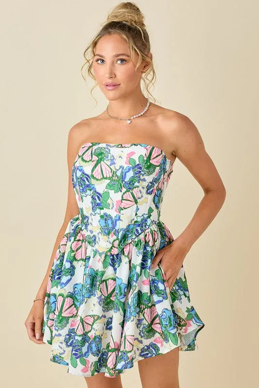 Butterfly And Floral Printed Bone In Corset Dress