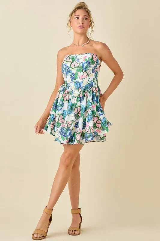 Butterfly And Floral Printed Bone In Corset Dress
