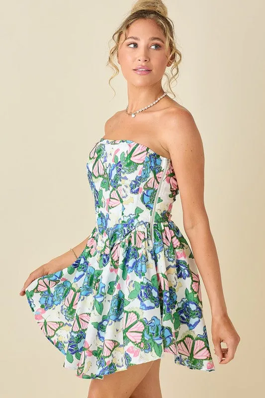 Butterfly And Floral Printed Bone In Corset Dress