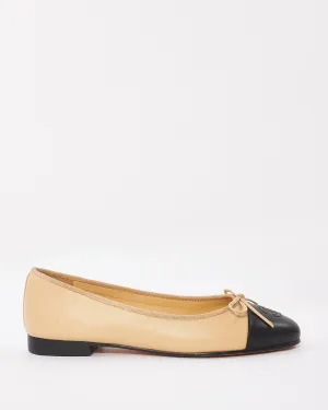 Chanel Beige & Black Classic Logo Ballerina Flats - 38C