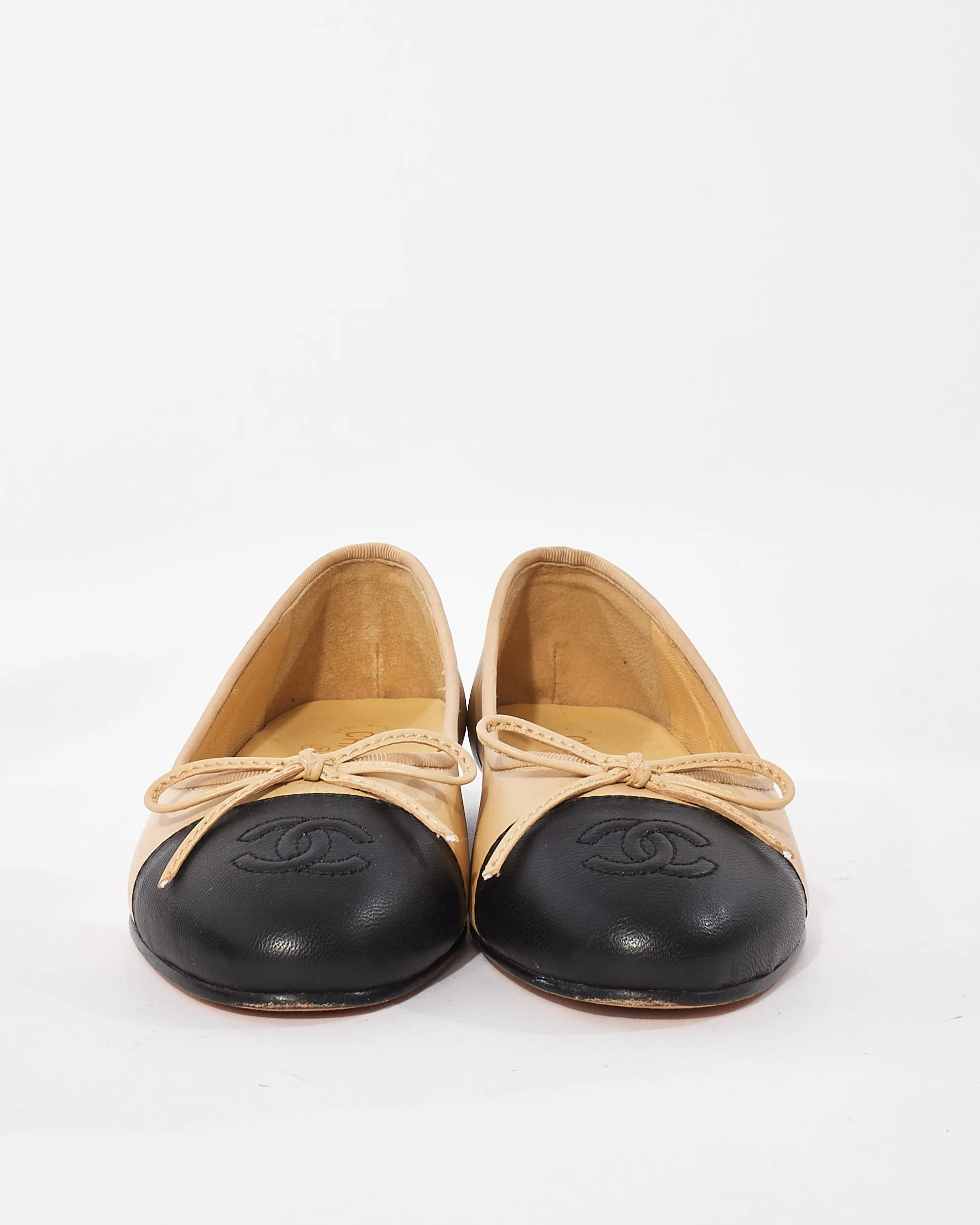 Chanel Beige & Black Classic Logo Ballerina Flats - 38C