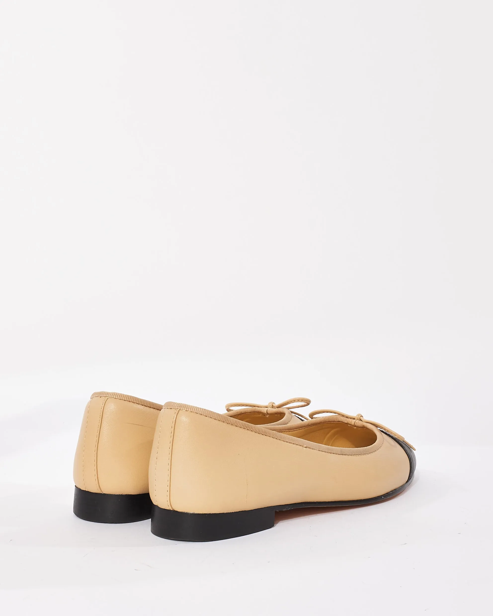 Chanel Beige & Black Classic Logo Ballerina Flats - 38C