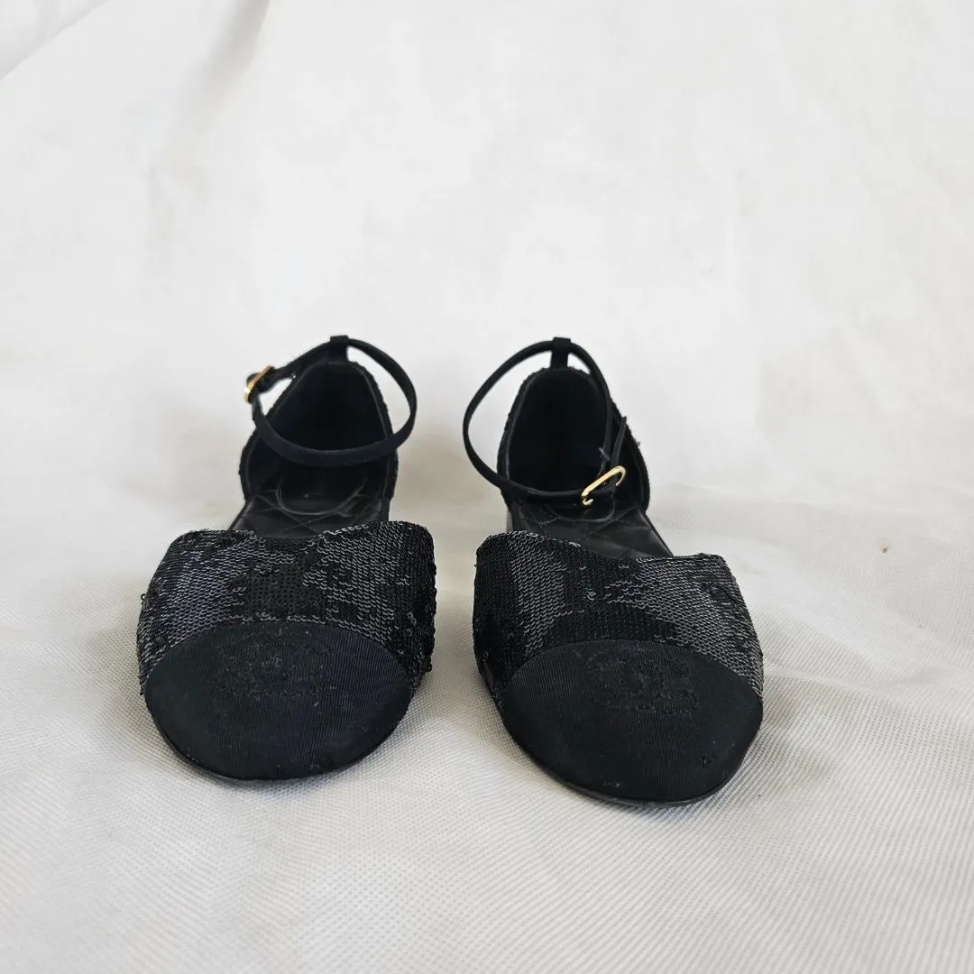 Chanel Black Sequin Ballerina Flat w/ ankle strap,38.5