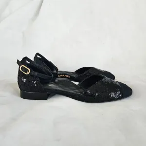Chanel Black Sequin Ballerina Flat w/ ankle strap,38.5