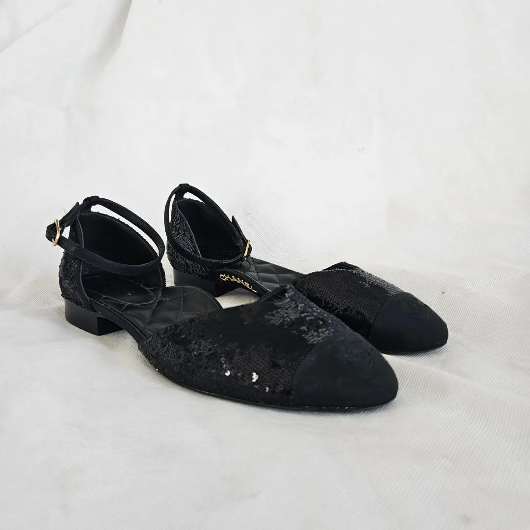 Chanel Black Sequin Ballerina Flat w/ ankle strap,38.5