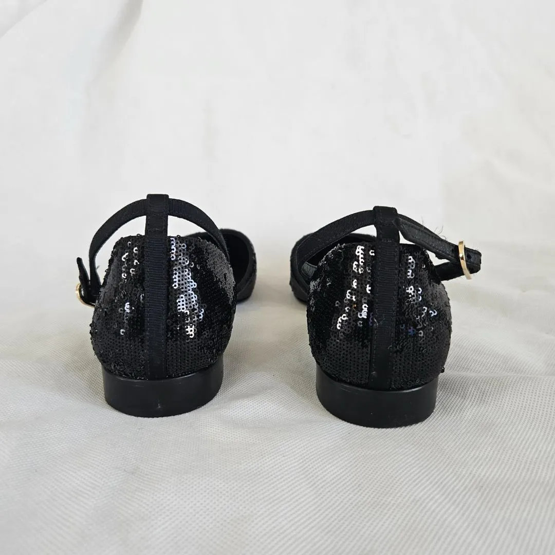 Chanel Black Sequin Ballerina Flat w/ ankle strap,38.5