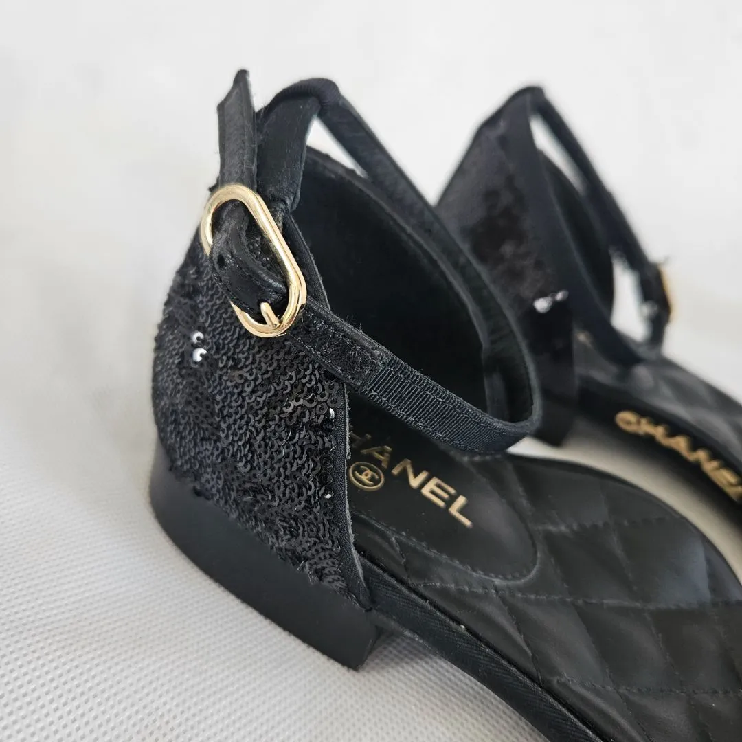 Chanel Black Sequin Ballerina Flat w/ ankle strap,38.5