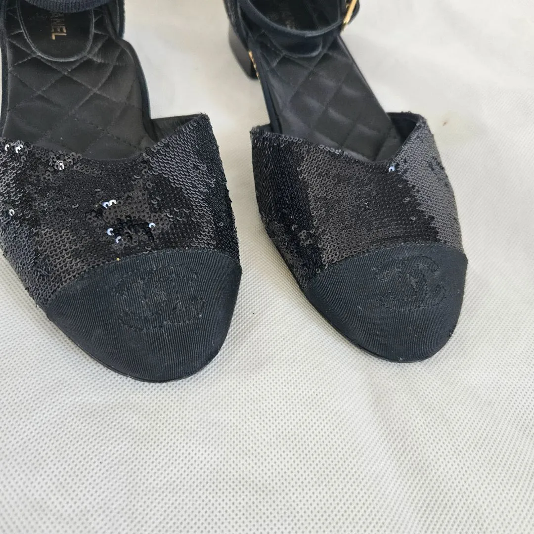 Chanel Black Sequin Ballerina Flat w/ ankle strap,38.5