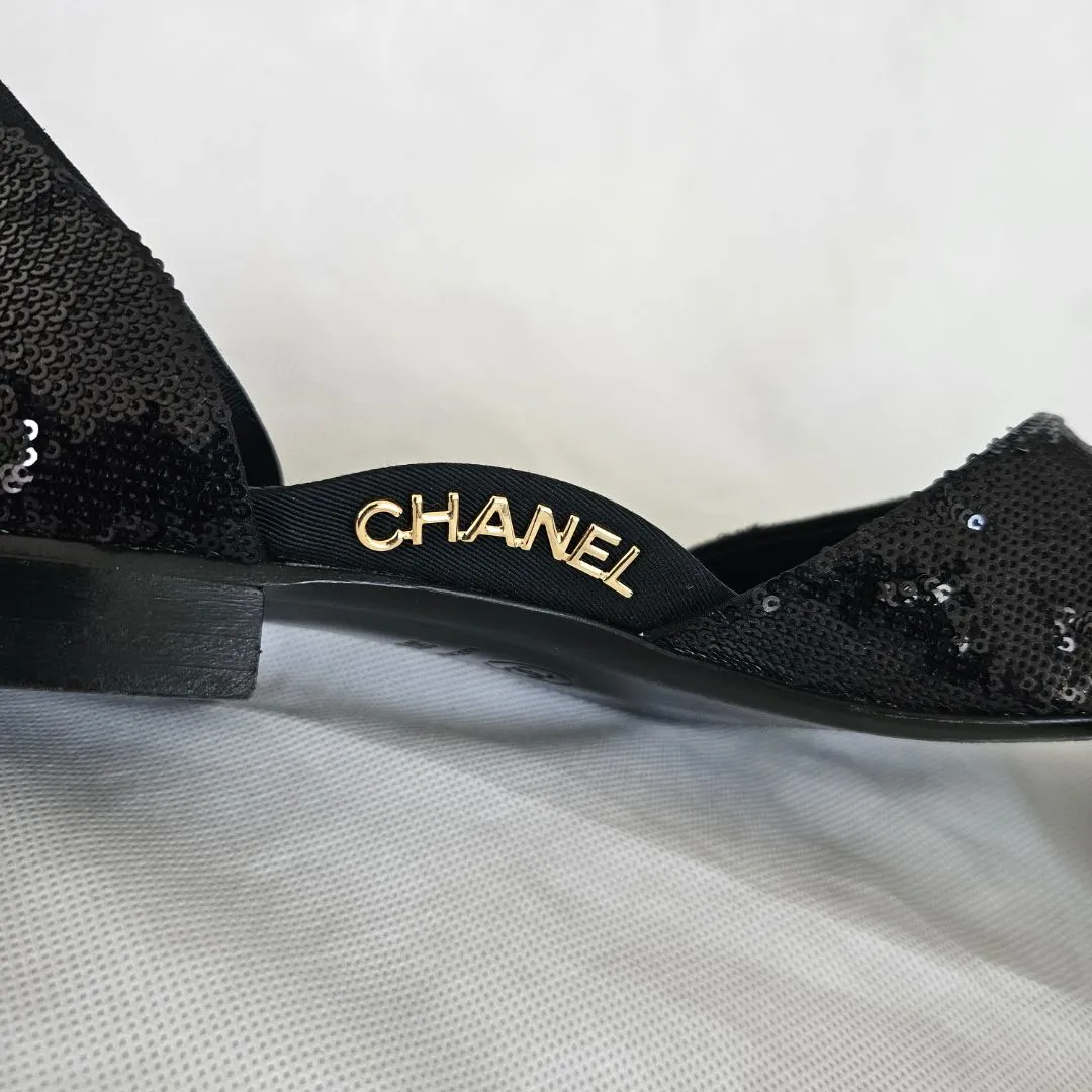 Chanel Black Sequin Ballerina Flat w/ ankle strap,38.5