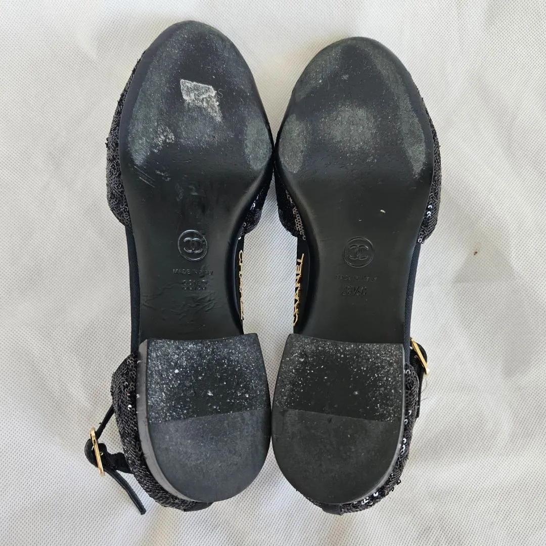 Chanel Black Sequin Ballerina Flat w/ ankle strap,38.5
