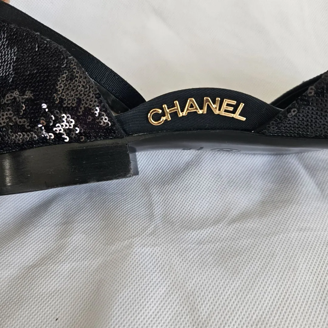 Chanel Black Sequin Ballerina Flat w/ ankle strap,38.5