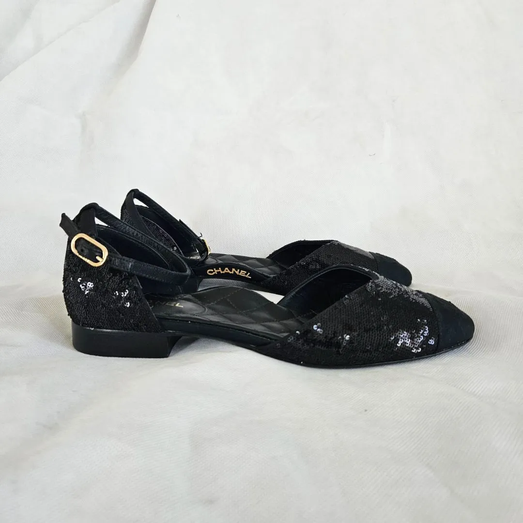 Chanel Black Sequin Ballerina Flat w/ ankle strap,38.5