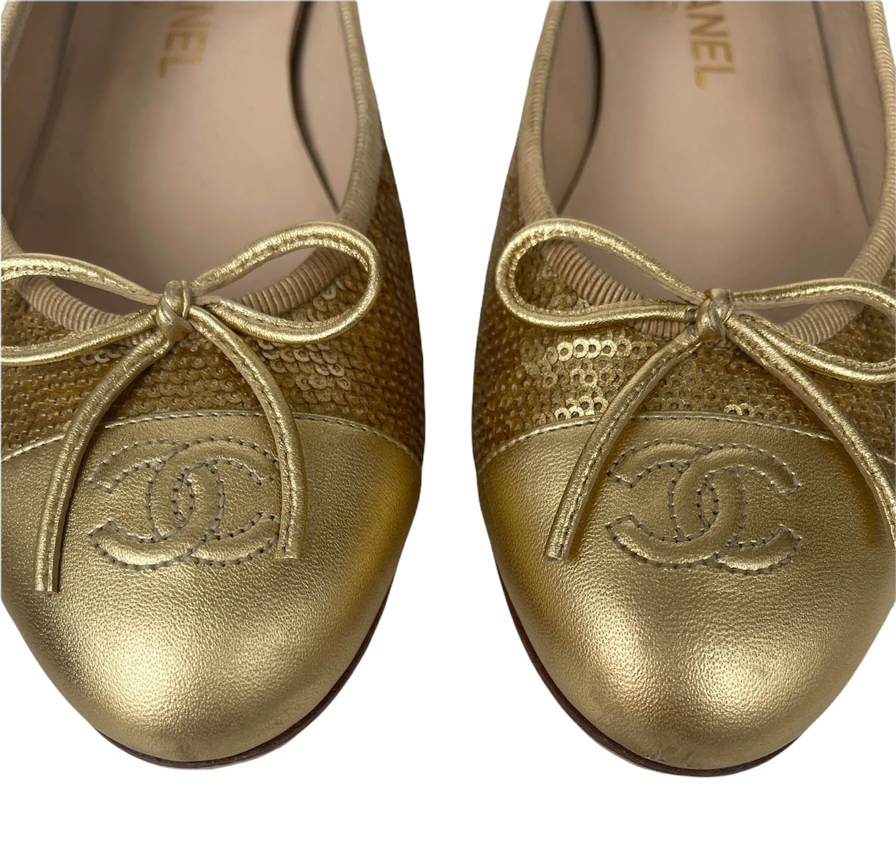 Chanel Gold Sequin Cap Toe Ballerina Flats sz 39.5