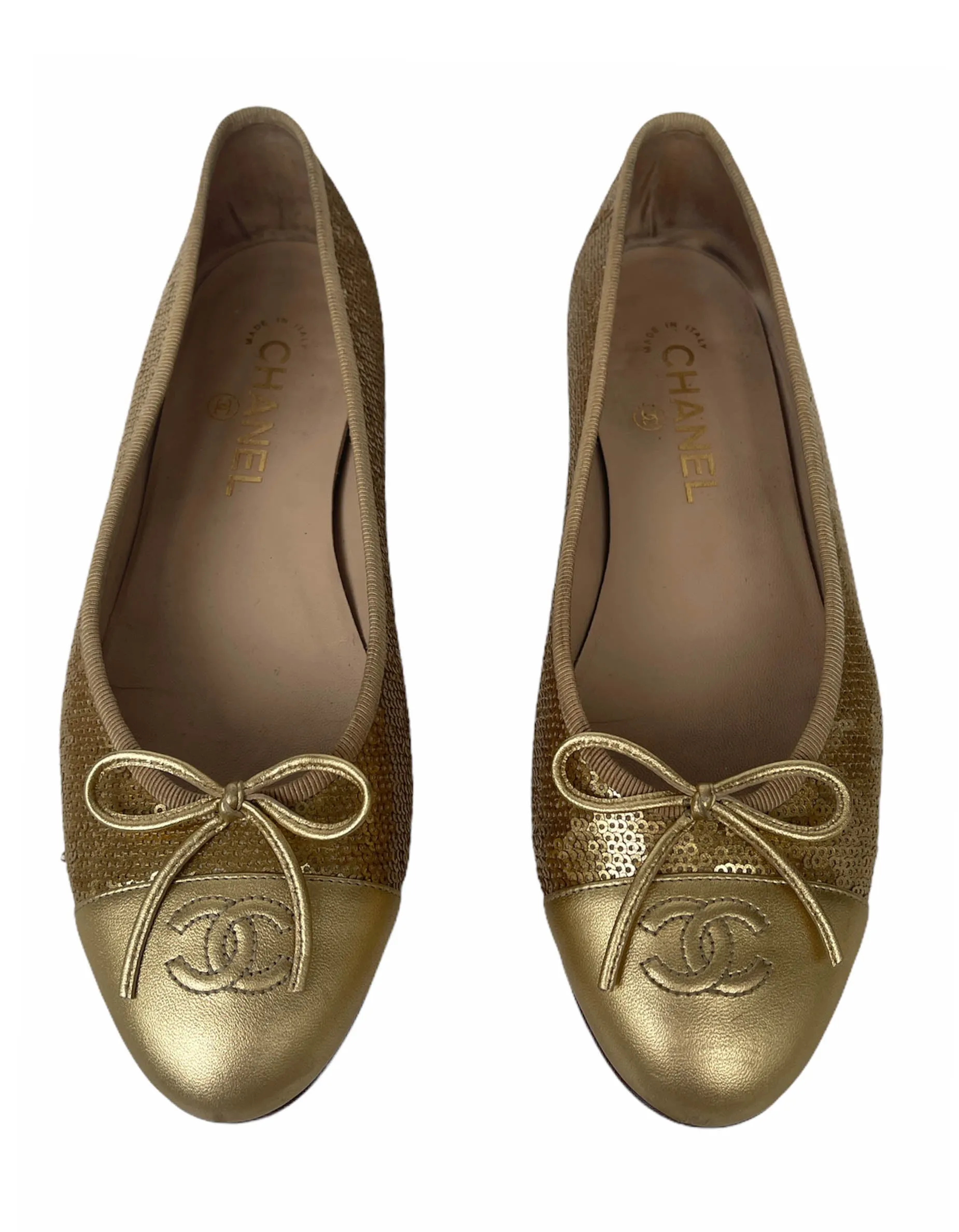 Chanel Gold Sequin Cap Toe Ballerina Flats sz 39.5