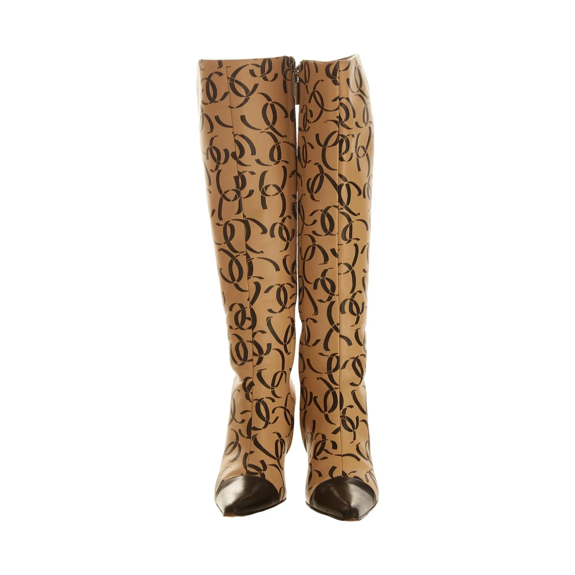 Chanel Tan Logo Knee High Boots