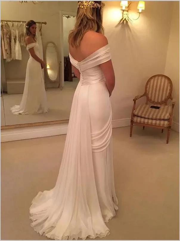 Chiffon Off Shoulder Brush Train Ruffles Wedding Dresses With Split