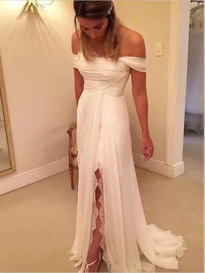 Chiffon Off Shoulder Brush Train Ruffles Wedding Dresses With Split