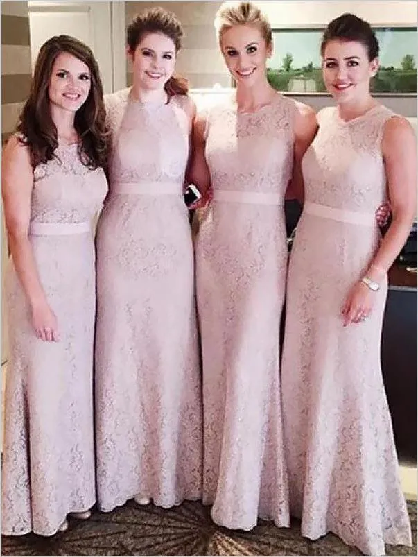 Column Lace Sleeveless Scoop Bridesmaid Dresses Floor Length